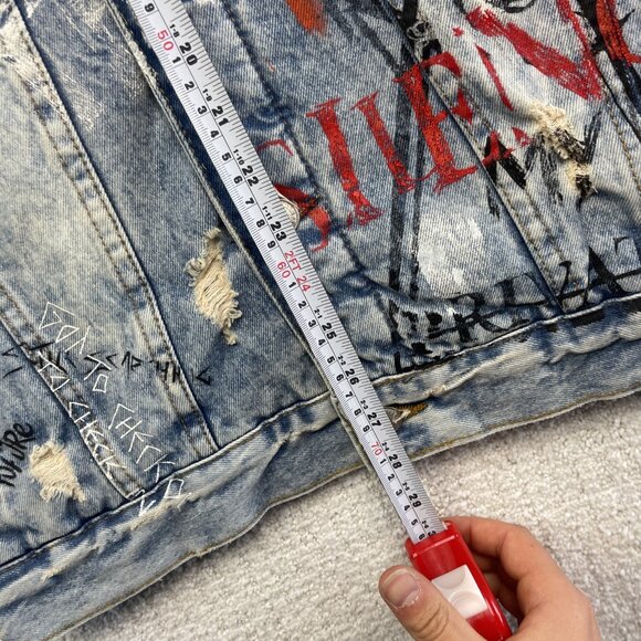 Y2K Zara Denim Punk Emo Goth Graffiti Jacket Sherpa Lined Distressed Men Size S - Picture 9 of 16